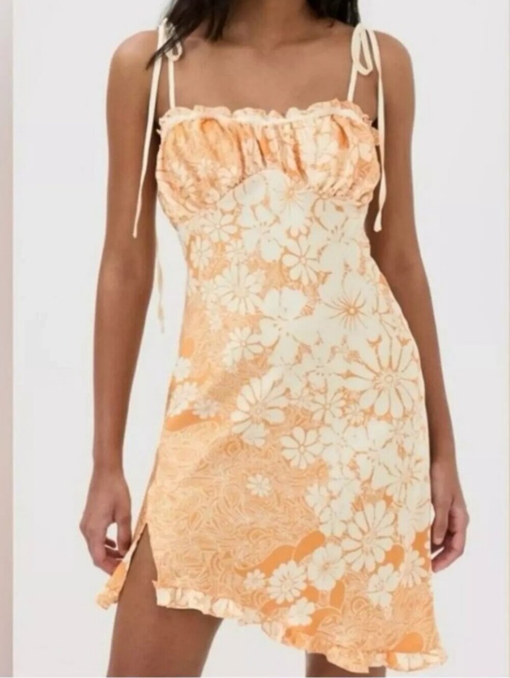 Free People Cream Satin. Dress with Orange Floral Print